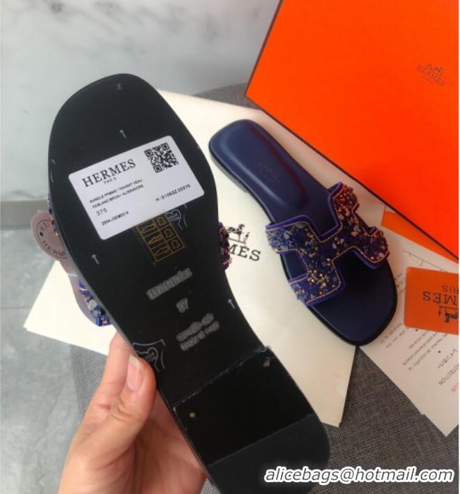 Discount Hermes Oran Crystal Suede Slide Sandal 070950 Blue