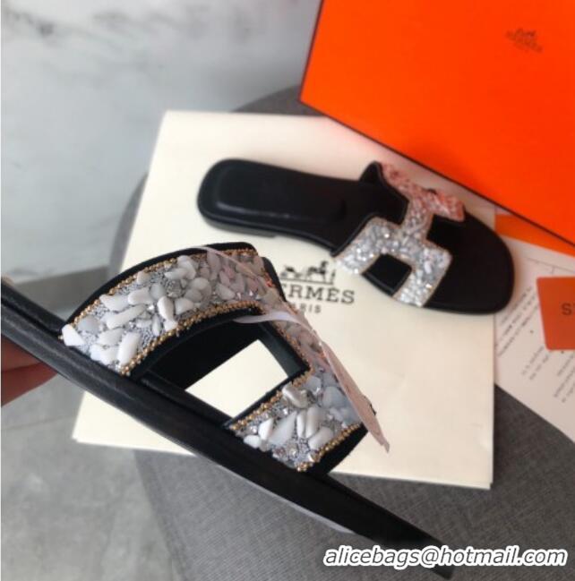 Low Price Hermes Oran Crystal Suede Slide Sandal 070950 White