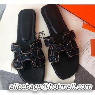 Charming Hermes Oran Crystal Suede Slide Sandal 070950 Black