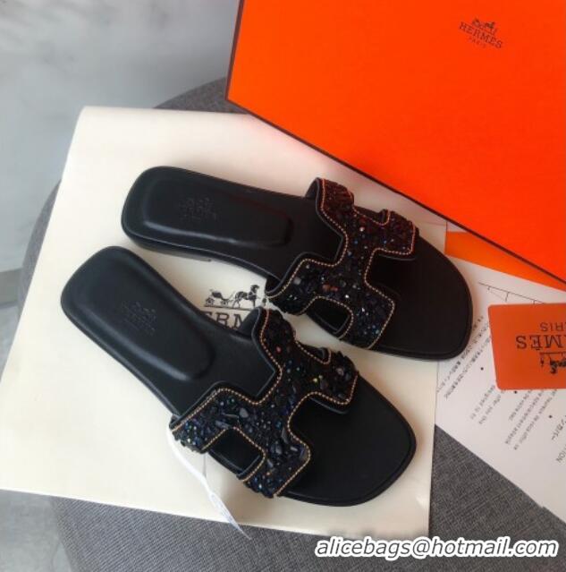 Charming Hermes Oran Crystal Suede Slide Sandal 070950 Black