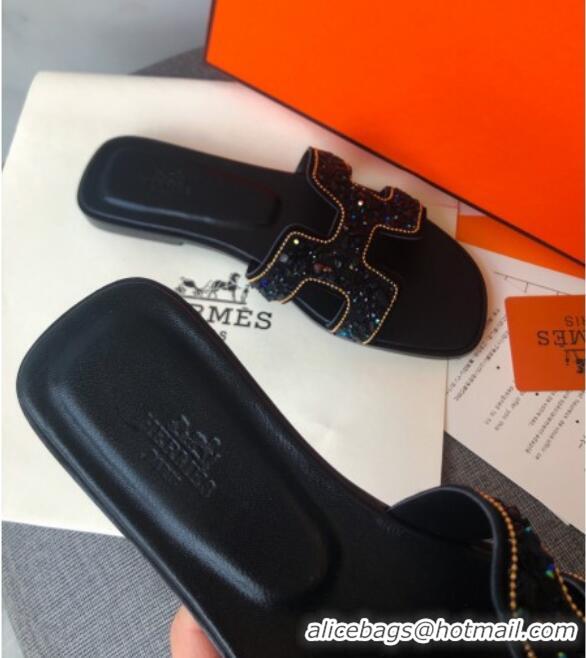 Charming Hermes Oran Crystal Suede Slide Sandal 070950 Black