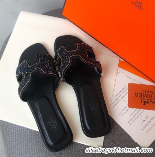 Charming Hermes Oran Crystal Suede Slide Sandal 070950 Black