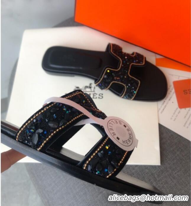 Charming Hermes Oran Crystal Suede Slide Sandal 070950 Black