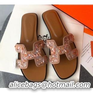 Perfect Hermes Oran Crystal Suede Slide Sandal 070950 Apricot