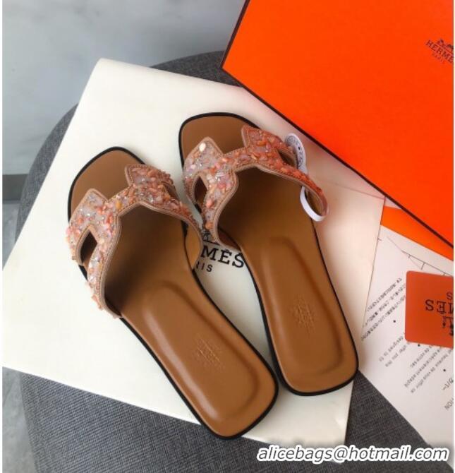 Perfect Hermes Oran Crystal Suede Slide Sandal 070950 Apricot