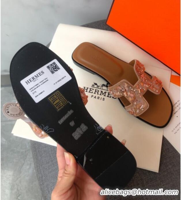 Perfect Hermes Oran Crystal Suede Slide Sandal 070950 Apricot