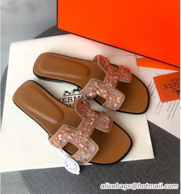 Perfect Hermes Oran Crystal Suede Slide Sandal 070950 Apricot