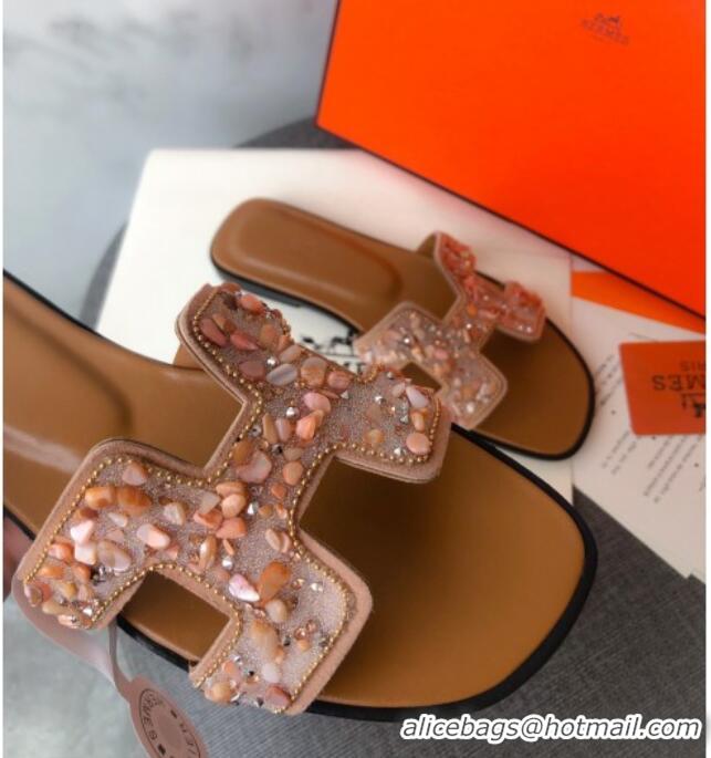 Perfect Hermes Oran Crystal Suede Slide Sandal 070950 Apricot