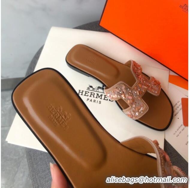 Perfect Hermes Oran Crystal Suede Slide Sandal 070950 Apricot