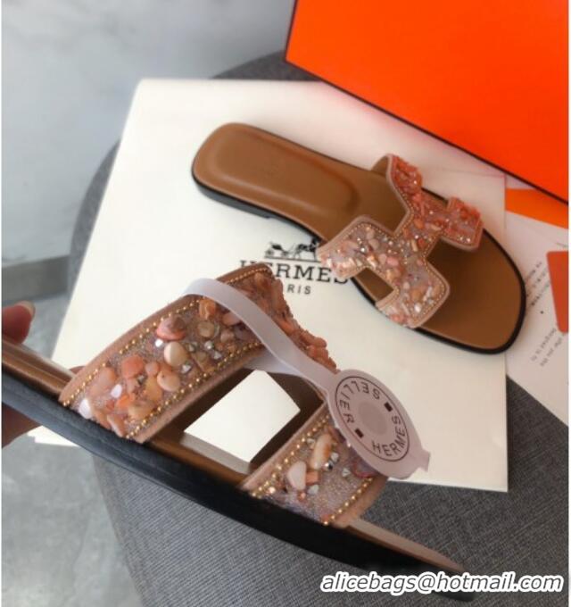 Perfect Hermes Oran Crystal Suede Slide Sandal 070950 Apricot