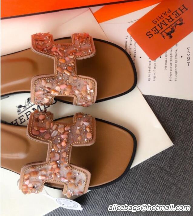 Perfect Hermes Oran Crystal Suede Slide Sandal 070950 Apricot