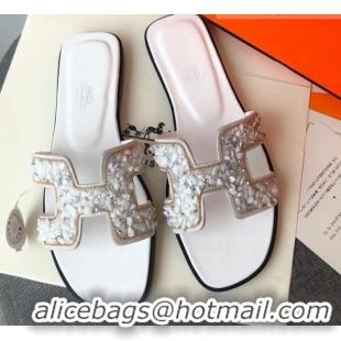 Top Quality Hermes Oran Crystal Suede Slide Sandal 070950 White