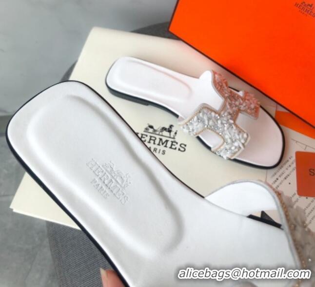 Top Quality Hermes Oran Crystal Suede Slide Sandal 070950 White