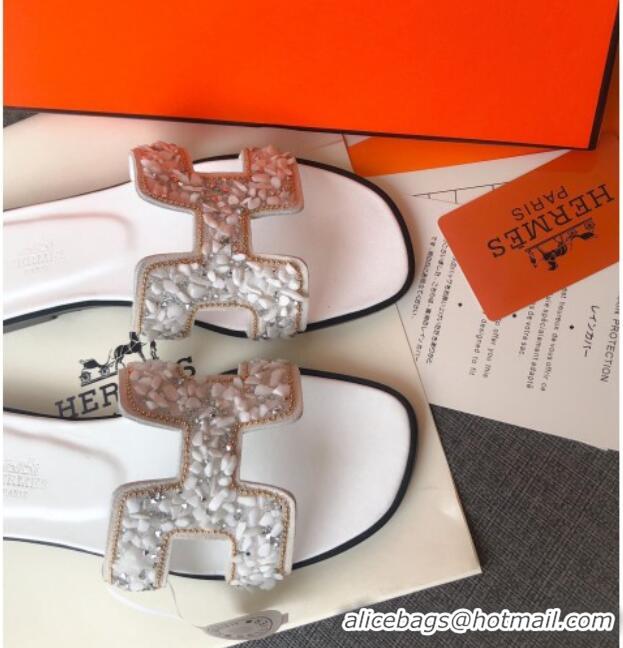 Top Quality Hermes Oran Crystal Suede Slide Sandal 070950 White