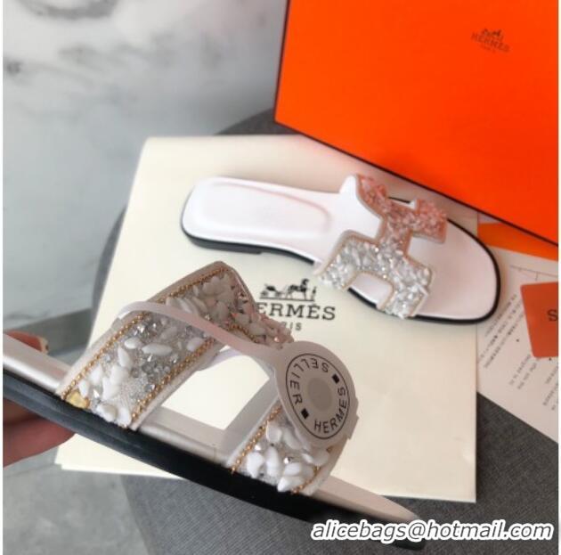 Top Quality Hermes Oran Crystal Suede Slide Sandal 070950 White