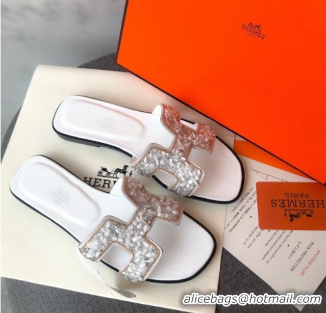 Top Quality Hermes Oran Crystal Suede Slide Sandal 070950 White