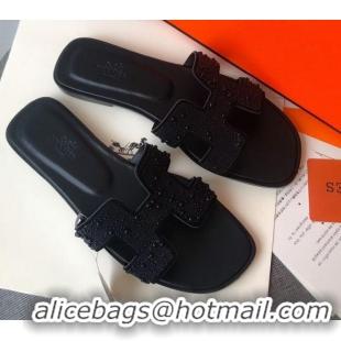 Discount Hermes Oran Crystal Suede Slide Sandal 070955 Black 2021