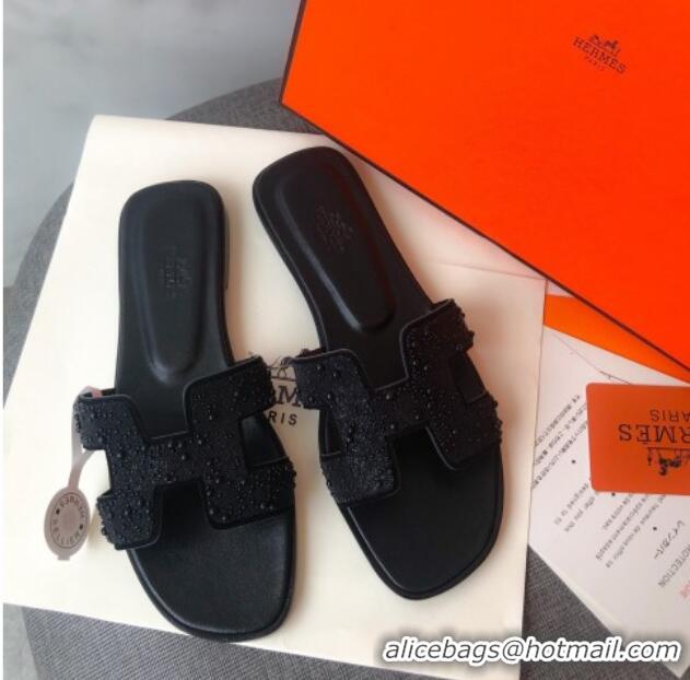 Discount Hermes Oran Crystal Suede Slide Sandal 070955 Black 2021