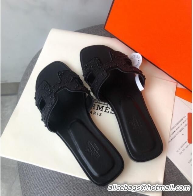 Discount Hermes Oran Crystal Suede Slide Sandal 070955 Black 2021