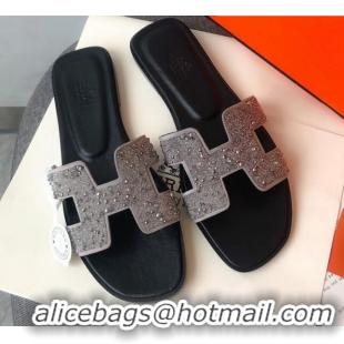 Custom Hermes Oran Crystal Suede Slide Sandal 070955 Silver 2021