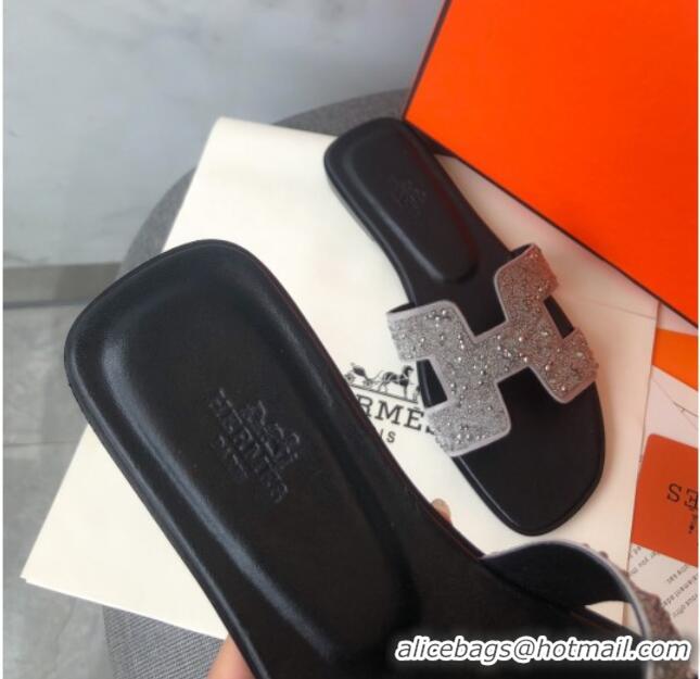 Custom Hermes Oran Crystal Suede Slide Sandal 070955 Silver 2021