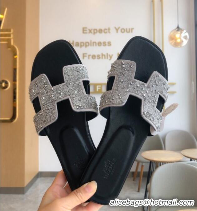 Custom Hermes Oran Crystal Suede Slide Sandal 070955 Silver 2021