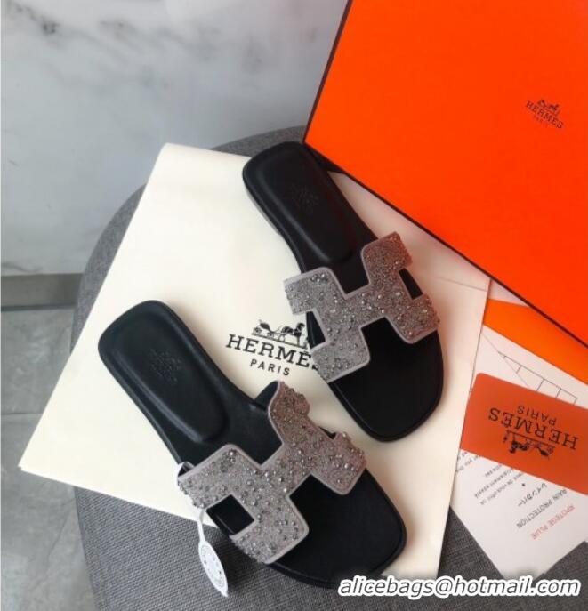 Custom Hermes Oran Crystal Suede Slide Sandal 070955 Silver 2021