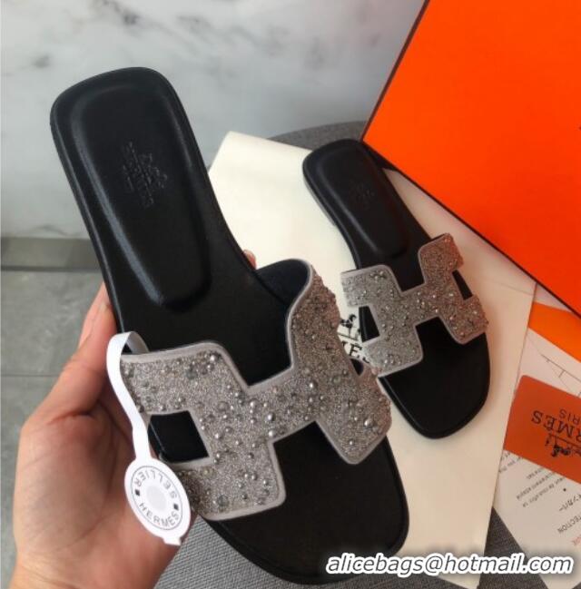 Custom Hermes Oran Crystal Suede Slide Sandal 070955 Silver 2021