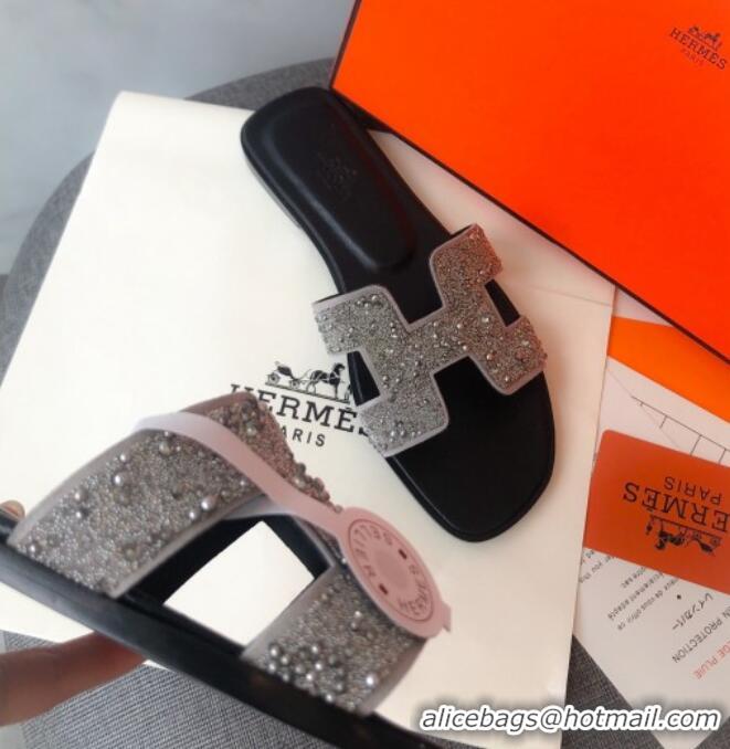 Custom Hermes Oran Crystal Suede Slide Sandal 070955 Silver 2021