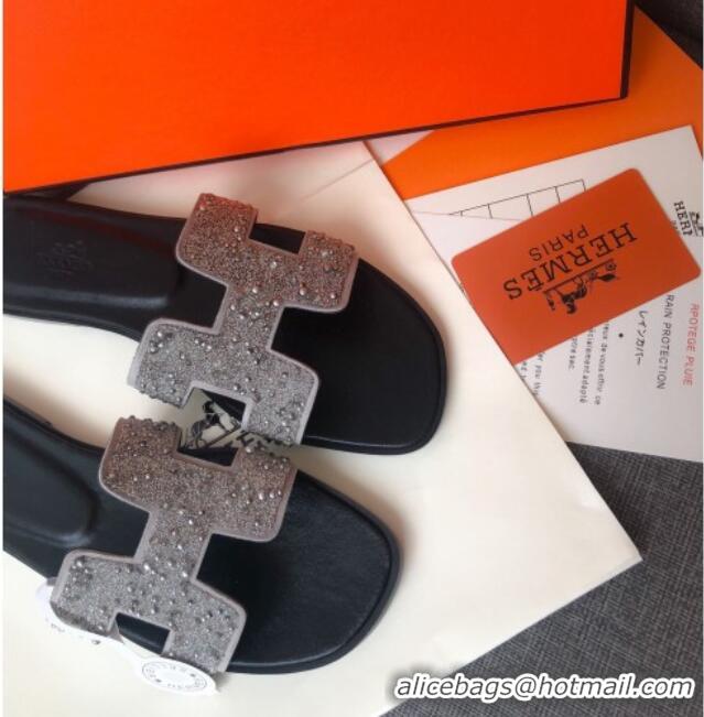 Custom Hermes Oran Crystal Suede Slide Sandal 070955 Silver 2021