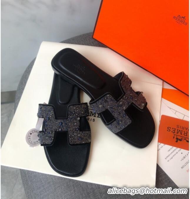 Perfect Hermes Oran Crystal Suede Slide Sandal 070955 Blue 2021