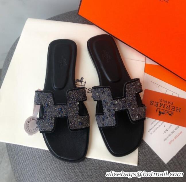 Perfect Hermes Oran Crystal Suede Slide Sandal 070955 Blue 2021