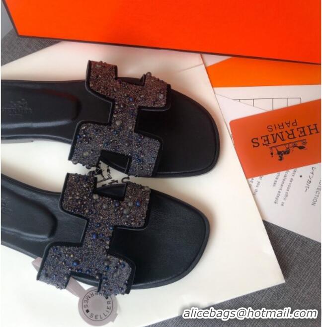 Perfect Hermes Oran Crystal Suede Slide Sandal 070955 Blue 2021