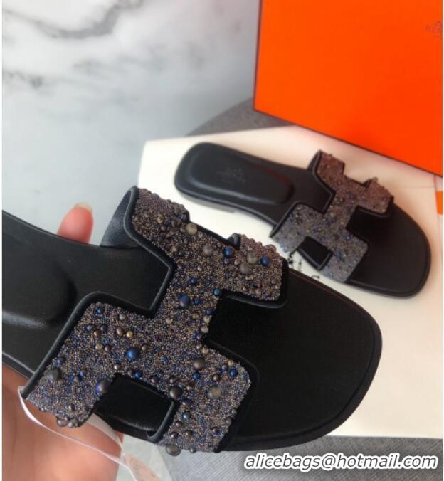 Perfect Hermes Oran Crystal Suede Slide Sandal 070955 Blue 2021