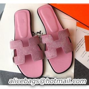 Top Quality Hermes Oran Crystal Suede Slide Sandal 070955 Pink 2021