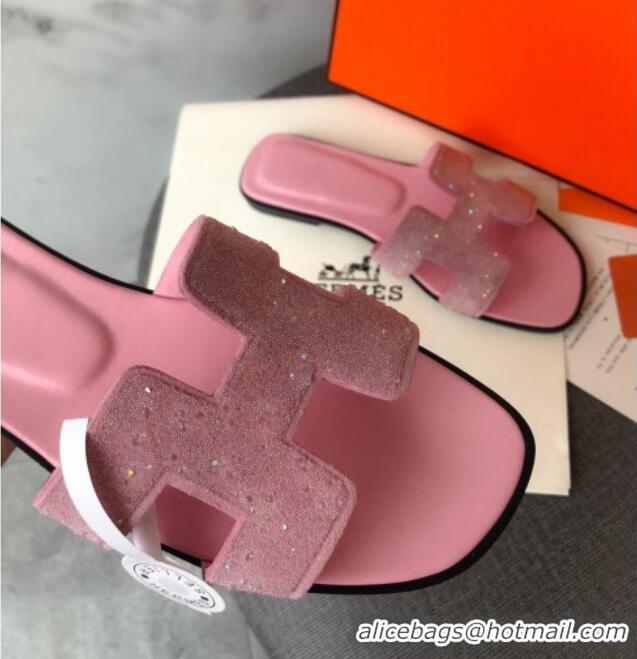 Top Quality Hermes Oran Crystal Suede Slide Sandal 070955 Pink 2021