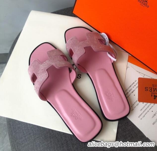 Top Quality Hermes Oran Crystal Suede Slide Sandal 070955 Pink 2021