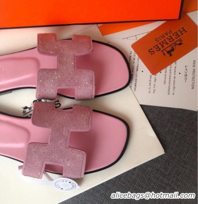 Top Quality Hermes Oran Crystal Suede Slide Sandal 070955 Pink 2021