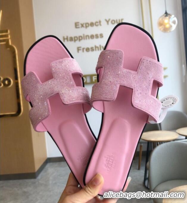 Top Quality Hermes Oran Crystal Suede Slide Sandal 070955 Pink 2021