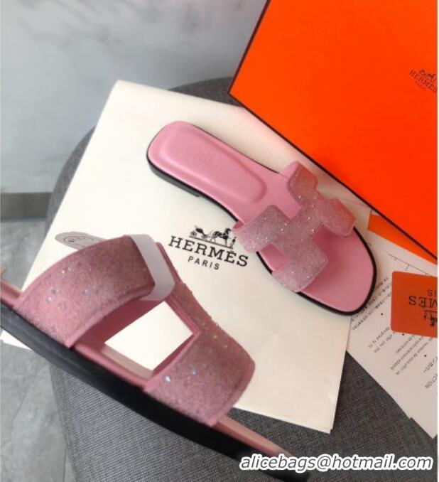 Top Quality Hermes Oran Crystal Suede Slide Sandal 070955 Pink 2021