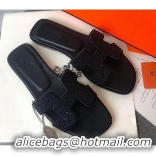 Discount Hermes Oran Crystal Suede Slide Sandal 070955 Black 2021