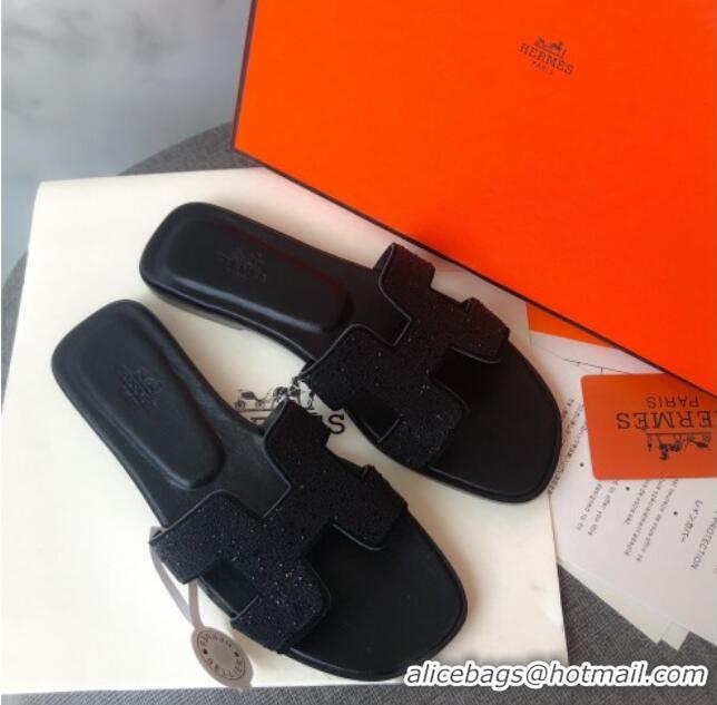 Discount Hermes Oran Crystal Suede Slide Sandal 070955 Black 2021