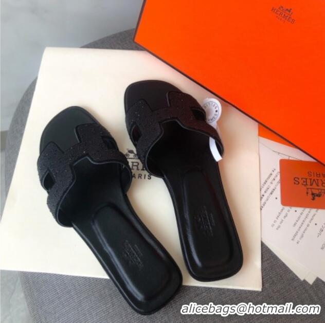 Discount Hermes Oran Crystal Suede Slide Sandal 070955 Black 2021