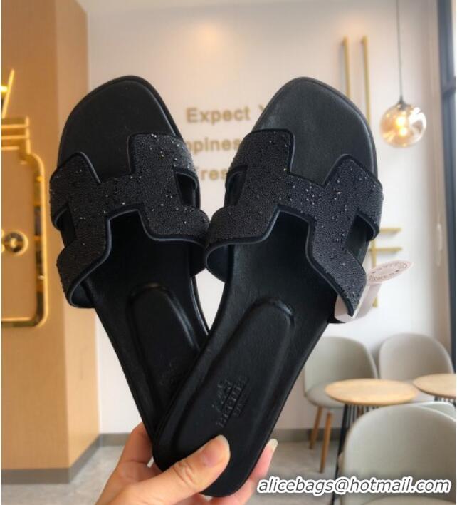 Discount Hermes Oran Crystal Suede Slide Sandal 070955 Black 2021