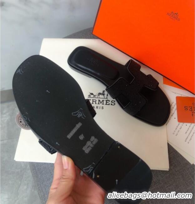 Discount Hermes Oran Crystal Suede Slide Sandal 070955 Black 2021