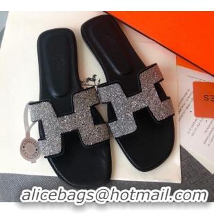 New Style Hermes Oran Crystal Suede Slide Sandal 070955 Silver 2021