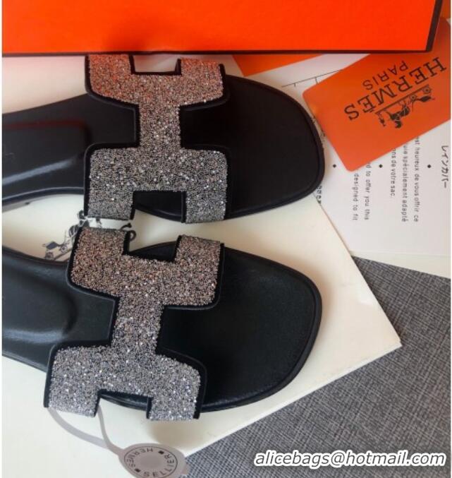 New Style Hermes Oran Crystal Suede Slide Sandal 070955 Silver 2021