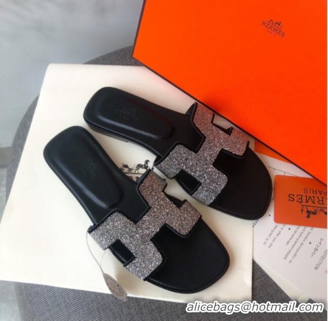 New Style Hermes Oran Crystal Suede Slide Sandal 070955 Silver 2021