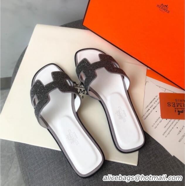 Best Luxury Hermes Oran Crystal Suede Slide Sandal 070955 Grey 2021