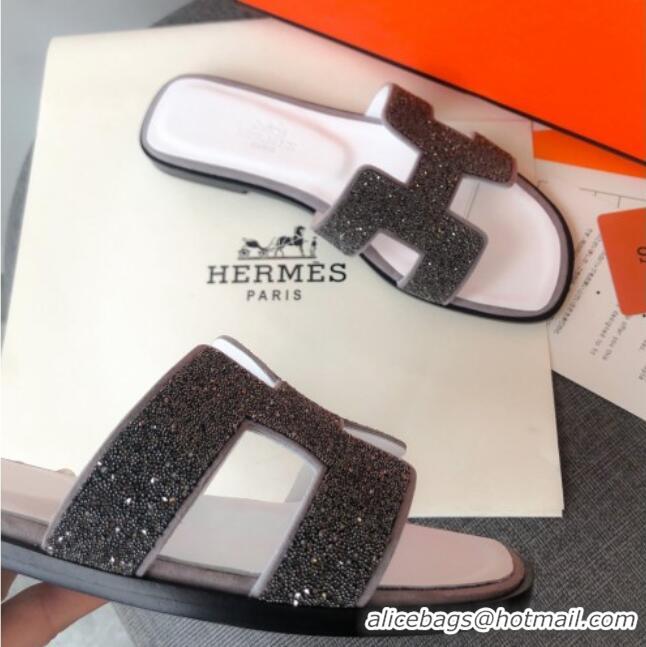 Best Luxury Hermes Oran Crystal Suede Slide Sandal 070955 Grey 2021